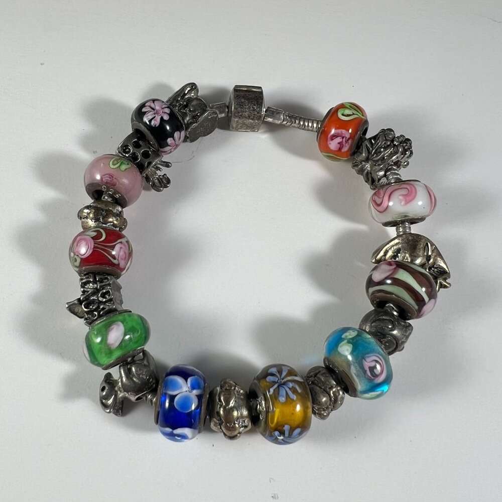 925 Sterling Silver Slide Bracelet With 10 Murano Glass Beads & 10 Sterling Silv